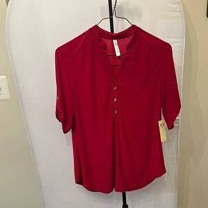 Perseption Red Relaxed Mandarin Collar Blouse